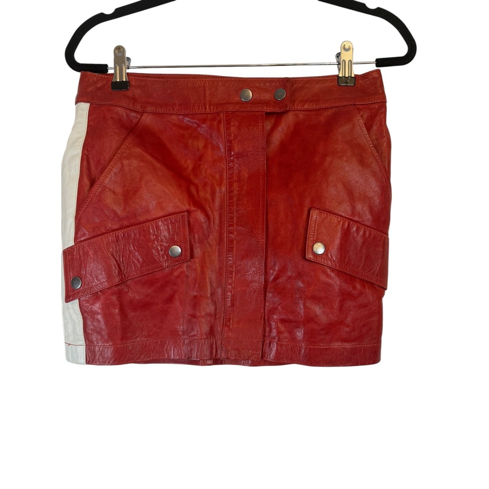 Frame Atelier Racer Mini Skirt Brick Red Leather Cream Stripe LWLT0077 New